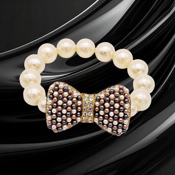 Pearl Stretch Bracelet w/ Large Pave Bow, Gold-Tone Rhinestone Center, Statement - Picture 7 of 10